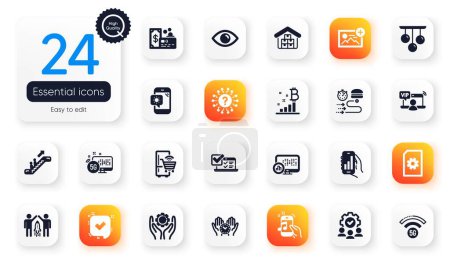 Illustration for Set of Technology flat icons. Music phone, Refrigerator and Vip access elements for web application. Confirmed, Add photo, File management icons. Bitcoin graph, Weather phone. Vector - Royalty Free Image