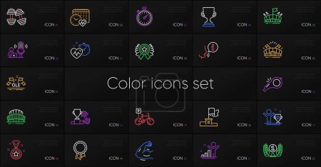 Téléchargez les illustrations : Set of Arena, Whistle and Winner flag line icons. Include Laureate award, Timer, Dumbbell icons. Cardio training, Winner cup, Cardio calendar web elements. Sports arena, Strong arm, Dumbbells. Vector - en licence libre de droit