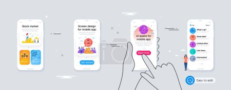 Téléchargez les illustrations : Target goal, Company and 360 degrees minimal line icons. Phone ui interface. Approved teamwork, Breathing exercise, Reject certificate icons. Sale tags, Airplane travel, Puzzle web elements. Vector - en licence libre de droit