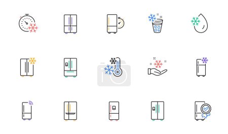 Illustration for Fridge line icons set. Refrigerator, freezer storage, smart fridge machine. Cooler box, water with ice, thermometer icons. Wi-fi remote access, thermostat timer, smart freezer. Vector - Royalty Free Image