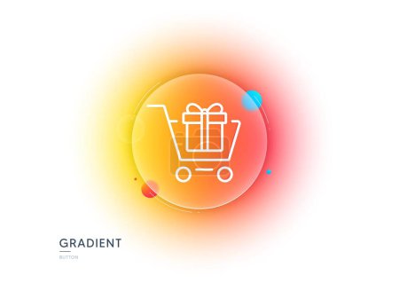 Illustration for Shopping cart with Gift box line icon. Gradient blur button with glassmorphism. Present or Sale sign. Birthday Shopping symbol. Package in Gift Wrap. Transparent glass design. Vector - Royalty Free Image