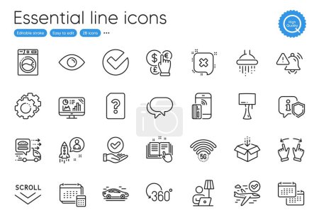 Illustration for Account, Eye and 5g wifi line icons. Collection of Calendar, Confirmed flight, Verify icons. Food delivery, Unknown file, Talk bubble web elements. Move gesture, Get box, Floor lamp. Vector - Royalty Free Image
