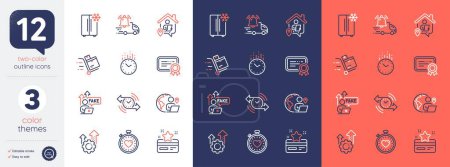Illustration for Set of Loyalty card, Fake internet and Certificate line icons. Include Refrigerator, Timer, Seo gear icons. Delivery notification, Time, Outsource work web elements. Heartbeat timer. Vector - Royalty Free Image