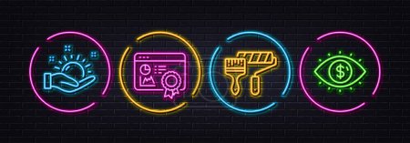 Illustration for Sunny weather, Seo certificate and Paint roller minimal line icons. Neon laser 3d lights. Business vision icons. For web, application, printing. Hold sun, Statistics, Painter brush. Vector - Royalty Free Image