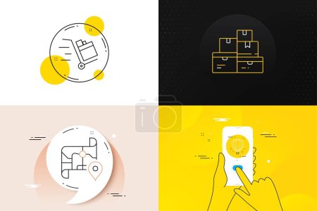 Téléchargez les illustrations : Minimal set of Wholesale goods, Air balloon and Push cart line icons. Phone screen, Quote banners. Map icons. For web development. Warehouse inventory, Sky travelling, Express delivery. Vector - en licence libre de droit