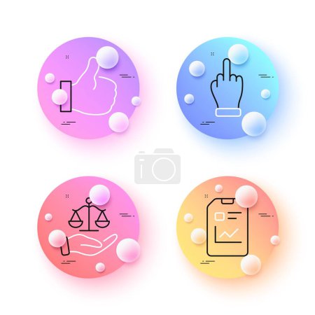 Ilustración de Justice scales, Report document and Like minimal line icons. 3d spheres or balls buttons. Middle finger icons. For web, application, printing. Judgement, Statistics file, Thumbs up. Gesture. Vector - Imagen libre de derechos
