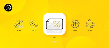 Ilustración de Discount banner, Journey and Sale minimal line icons. Yellow abstract background. Surprise gift, Puzzle icons. For web, application, printing. Sale coupon, Trip distance, Gift box. Vector - Imagen libre de derechos