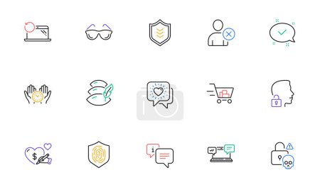 Téléchargez les illustrations : Social care, Pillow and Delete user line icons for website, printing. Collection of Shopping cart, Friends chat, Safe time icons. Recovery laptop, Unlock system, Shield web elements. Vector - en licence libre de droit