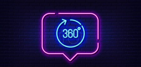 Illustration for Neon light speech bubble. 360 degrees line icon. Panoramic view sign. VR technology simulation symbol. Neon light background. 360 degrees glow line. Brick wall banner. Vector - Royalty Free Image