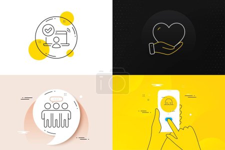 Ilustración de Minimal set of Employees group, Online access and Volunteer line icons. Phone screen, Quote banners. Face recognition icons. For web development. Collaboration, Approved user, Social care. Vector - Imagen libre de derechos