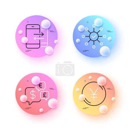 Illustration for Survey check, Yen money and Phone communication minimal line icons. 3d spheres or balls buttons. Money currency icons. For web, application, printing. Vector - Royalty Free Image
