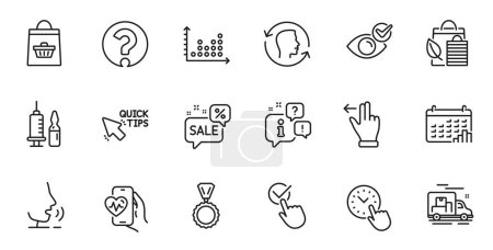 Illustration for Outline set of Bio shopping, Checkbox and Quick tips line icons for web application. Talk, information, delivery truck outline icon. Include Discounts bubble, Face id, Cardio training icons. Vector - Royalty Free Image