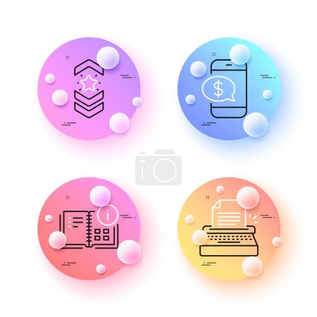 Illustration for Instruction info, Phone payment and Typewriter minimal line icons. 3d spheres or balls buttons. Shoulder strap icons. For web, application, printing. Project, Mobile pay, Writer machine. Vector - Royalty Free Image