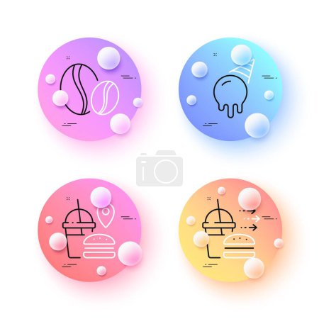 Téléchargez les illustrations : Coffee beans, Ice cream and Food delivery minimal line icons. 3d spheres or balls buttons. Fast food icons. For web, application, printing. Whole bean, Sundae cone, Burger with soft drink. Vector - en licence libre de droit