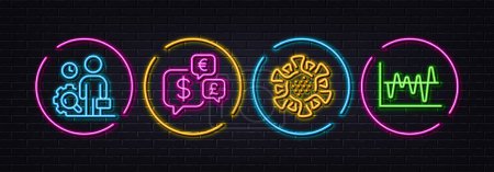 Ilustración de Money currency, Inspect and Coronavirus minimal line icons. Neon laser 3d lights. Stock analysis icons. For web, application, printing. Currency exchange, Work quality, Covid-19 virus. Vector - Imagen libre de derechos
