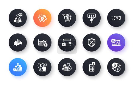 Ilustración de Minimal set of Piggy sale, Budget accounting and Lock flat icons for web development. Coins bag, Shopping cart, Money currency icons. Vip shopping, Operational excellence. Vector - Imagen libre de derechos