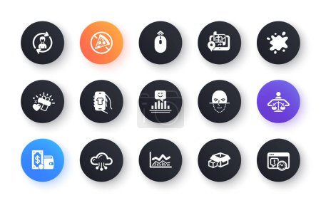 Téléchargez les illustrations : Minimal set of Love gift, Face recognition and Dirty spot flat icons for web development. Packing boxes, Human resources, Swipe up icons. Wallet money, Gps, Trade infochart web elements. Vector - en licence libre de droit