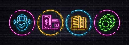 Illustration for Wallet money, Verified internet and Buildings minimal line icons. Neon laser 3d lights. Settings gears icons. For web, application, printing. Usd bill, Confirmed web, Town apartments. Vector - Royalty Free Image