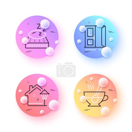 Téléchargez les illustrations : Tea cup, Mattress and Open door minimal line icons. 3d spheres or balls buttons. Street light icons. For web, application, printing. Coffee with spoon, Night pillow, Entrance. Vector - en licence libre de droit