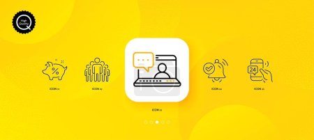 Illustration for Group, Loan percent and Friends chat minimal line icons. Yellow abstract background. Notification received, 24h service icons. For web, application, printing. Managers, Piggy bank, Message. Vector - Royalty Free Image