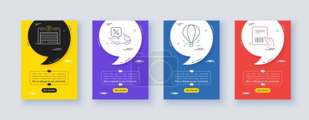 Téléchargez les illustrations : Set of Parking garage, Delivery discount and Air balloon line icons. Poster offer frame with quote, comma. Include Parcel invoice icons. For web, application. Vector - en licence libre de droit