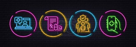 Illustration for Medical prescription, Medical help and Family insurance minimal line icons. Neon laser 3d lights. Health app icons. For web, application, printing. Vector - Royalty Free Image