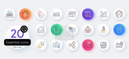 Téléchargez les illustrations : Simple set of Legal documents, Technical info and Quick tips line icons. Include Stress, Work home, Cyber attack icons. Group, Crowdfunding, Graph chart web elements. Time management. Vector - en licence libre de droit
