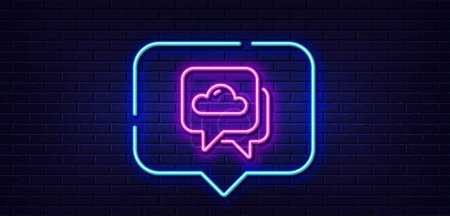 Illustration for Neon light speech bubble. Weather forecast line icon. Clouds sign. Cloudy sky symbol. Neon light background. Weather forecast glow line. Brick wall banner. Vector - Royalty Free Image