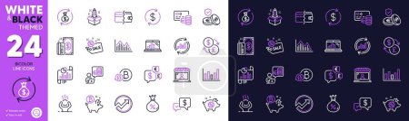 Ilustración de Startup, Report document and Payment received line icons for website, printing. Collection of Currency exchange, Card, Sale icons. Difficult stress, Bitcoin coin, Piggy sale web elements. Vector - Imagen libre de derechos