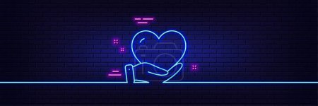 Illustration for Neon light glow effect. Volunteer care line icon. Helping hand sign. Donation symbol. 3d line neon glow icon. Brick wall banner. Volunteer outline. Vector - Royalty Free Image