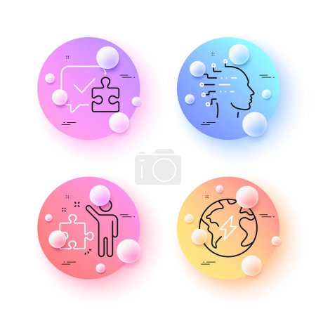 Ilustración de Artificial intelligence, Electricity and Strategy minimal line icons. 3d spheres or balls buttons. Puzzle icons. For web, application, printing. Mind intellect, Electric energy, Business plan. Vector - Imagen libre de derechos