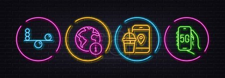 Ilustración de Internet, Food app and Balance minimal line icons. Neon laser 3d lights. 5g internet icons. For web, application, printing. Web info, Meal order, Concentration. Phone network. Vector - Imagen libre de derechos