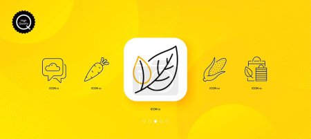 Téléchargez les illustrations : Weather forecast, Corn and Leaf minimal line icons. Yellow abstract background. Bio shopping, Carrot icons. For web, application, printing. Cloudy, Fresh vegetable, Ecology. Leaf. Vector - en licence libre de droit