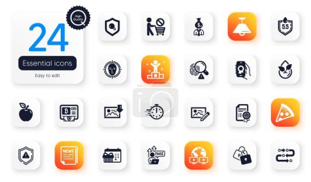 Téléchargez les illustrations : Set of Business flat icons. Smile, Download photo and Cooking timer elements for web application. Methodology, Ph neutral, Inspect icons. Bitcoin atm, Shield, Stop shopping elements. Vector - en licence libre de droit