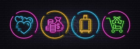 Illustration for Heart, Coins bag and Baggage reclaim minimal line icons. Neon laser 3d lights. Cross sell icons. For web, application, printing. Love, Investment, Airport bag. Market retail. Vector - Royalty Free Image