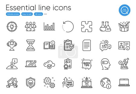 Téléchargez les illustrations : Puzzle, Group and Interview line icons. Collection of Inspect, Weariness, Internet icons. Chemistry lab, Fake news, Drums web elements. Cloud computing, Quick tips, Microscope. Time. Vector - en licence libre de droit
