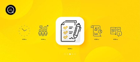 Téléchargez les illustrations : Survey checklist, Time and Report minimal line icons. Yellow abstract background. Business statistics, Manual icons. For web, application, printing. Report, Clock, Work statistics. Read book. Vector - en licence libre de droit