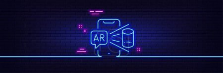 Illustration for Neon light glow effect. Augmented reality phone line icon. VR simulation sign. 3d view symbol. 3d line neon glow icon. Brick wall banner. Augmented reality outline. Vector - Royalty Free Image