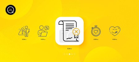 Illustration for Heartbeat timer, Online discounts and Reject certificate minimal line icons. Yellow abstract background. Search employee, Yummy smile icons. For web, application, printing. Vector - Royalty Free Image