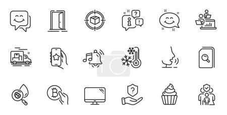 Illustration for Outline set of Water analysis, Alarm sound and Parcel tracking line icons for web application. Talk, information, delivery truck outline icon. Include Bitcoin pay, Open door, Freezing icons. Vector - Royalty Free Image