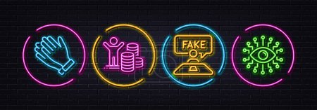 Illustration for Clapping hands, Fake review and Budget profit minimal line icons. Neon laser 3d lights. Artificial intelligence icons. For web, application, printing. Clap, Wrong talk, Trader. All-seeing eye. Vector - Royalty Free Image