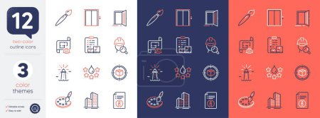 Illustration for Set of Open door, Lighthouse and Parcel tracking line icons. Include Inspect, Lift, Engineering plan icons. Technical info, Brush, Inventory checklist web elements. Quality, Palette. Vector - Royalty Free Image