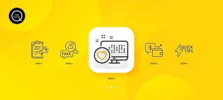 Illustration for Heart, Fake news and Megaphone checklist minimal line icons. Yellow abstract background. Wallet, Quickstart guide icons. For web, application, printing. Vector - Royalty Free Image