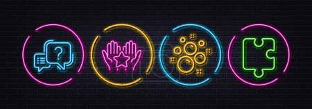 Illustration for Clean bubbles, Ranking and Question mark minimal line icons. Neon laser 3d lights. Puzzle icons. For web, application, printing. Laundry shampoo, Hold star, Quiz chat. Puzzle piece. Vector - Royalty Free Image