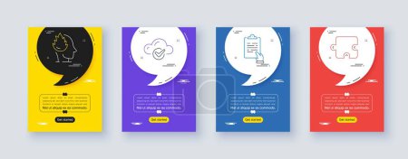 Ilustración de Set of Stress, Cloud computing and Clipboard line icons. Poster offer frame with quote, comma. Include Puzzle icons. For web, application. Mind anxiety, Approved storage, Survey document. Vector - Imagen libre de derechos
