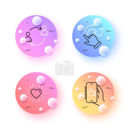 Ilustración de Rotation gesture, Heart and Like app minimal line icons. 3d spheres or balls buttons. User communication icons. For web, application, printing. Undo, Love, Smartphone thumbs up. Vector - Imagen libre de derechos