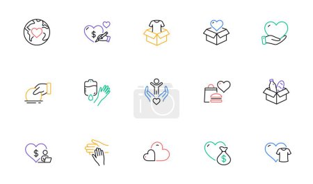 Illustration for Donate and Charity line icons. Volunteer help, Global hunger, Food box. Helping hand, Heart donate and Care service line icons. Donation or Blood collection, Money charity and Food care. Vector - Royalty Free Image