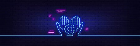 Illustration for Neon light glow effect. Employee hands line icon. Work gear sign. Development cogwheel symbol. 3d line neon glow icon. Brick wall banner. Employee hand outline. Vector - Royalty Free Image