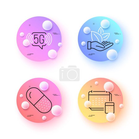 Téléchargez les illustrations : 5g wifi, Capsule pill and Organic product minimal line icons. 3d spheres or balls buttons. Account icons. For web, application, printing. Wireless internet, Medicine drugs, Leaf. Vector - en licence libre de droit