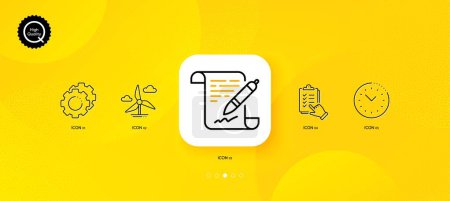 Ilustración de Time management, Agreement document and Checklist minimal line icons. Yellow abstract background. Windmill turbine, Settings gears icons. For web, application, printing. Vector - Imagen libre de derechos